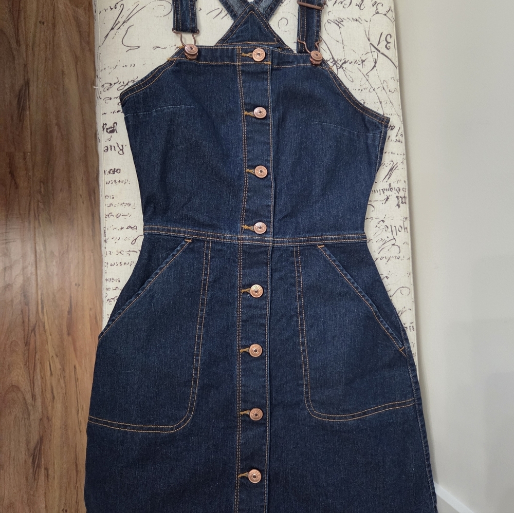 H & M Divided Dark Blue Denim Dress Overalls with Button Detail